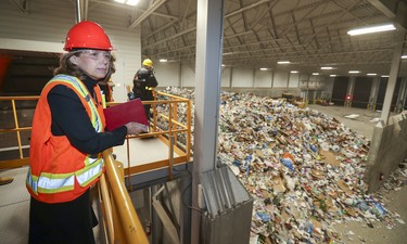 Lachine Mayor Maya Vodanovic takes a tour of Montreal's new recycling plant Nov. 12, 2019.