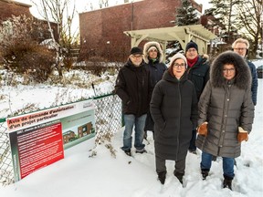 Maria Louisa Scandella, left, and Mariela Tovar in the foreground with Peter Zimmerman, Madeleine Howard, Dominique Egre and Paul MacLean, left to right in the back, are some of the residents who are not happy about losing green space in Notre-Dame-de-Grâce.