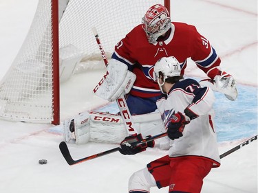Montreal Canadiens goaltender Carey Price stops shots on Columbus Blue Jackets' Josh Anderson (77), during second period NHL action in Montreal on Tuesday November 12, 2019.