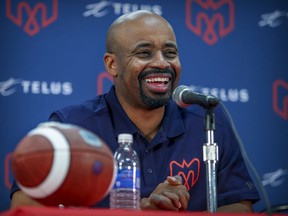 Montreal Alouettes head coach Khari Jones smiles while answering questions at the end-of-season press conference in Montreal on Friday, Nov. 15, 2019.