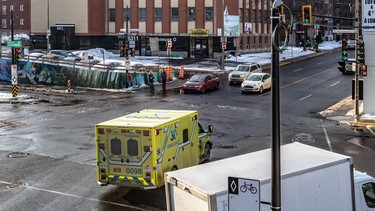 The de Maisonneuve Blvd. and Decarie Blvd. pedestrian crossing in Montreal is seen on Friday, Nov. 15, 2019, where a pedestrian was killed in the 19th such fatality of the year.