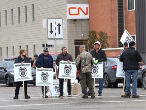Members of the Teamsters Canada Rail Conference picket outside the CN location in Capreol, Ont., on Tuesday November 19, 2019. “We are in a state of emergency,” Quebec Premier François Legault said Thursday, urging Ottawa to end the strike.