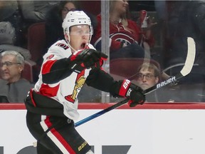 The Ottawa Senators' Brady Tkachuk celebrates after scoring overtime goal for 2-1 victory over the Canadiens in NHL game at the Bell Centre in Montreal on Nov. 20, 2019.