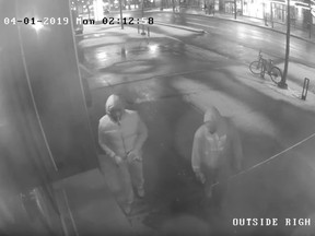 Video surveillance images from outside the Soubois nightclub on April 1 depict two suspects.