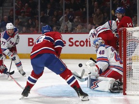 Canadiens centre Max Domi scores on New York Rangers goaltender Alexandar Georgiev during the first period at Bell Centre in Montreal on Saturday night, Nov. 23, 2019.