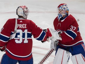 Canadiens goaltender Keith Kinkaid (37) replaces Carey Price (31) in net after he gave up five goals in 8-1 loss to the Boston Bruins in NHL game at the Bell Centre in Montreal on Nov. 26, 2019.