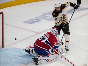 Boston Bruins right wing David Pastrnak scored his third goal of the game against Montreal Canadiens goaltender Keith Kinkaid at the Bell Centre in Montreal on Nov. 26, 2019.