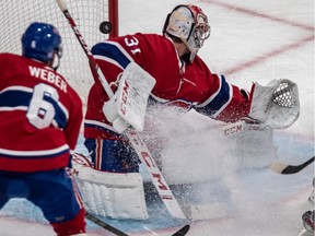 Montreal Canadiens' Carey Price is having another rough night as the puck gets past him during second period against the New Jersey Devils at the Bell Centre in Montreal on Nov. 28, 2019.