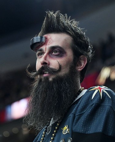 Vegas loves a party. Kenneth Gorman of Nevada wears a Halloween costume as he watches the Vegas Golden Knights warm up before a game against the Montreal Canadiens at T-Mobile Arena on October 31, 2019 in Las Vegas, Nevada.