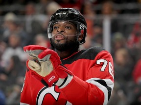 New Jersey Devils defenceman P.K. Subban gives instructions to teammates before a faceoff during NHL game against the Pittsburgh Penguins at the Prudential Center in Newark, N.J., on Nov. 15, 2019.