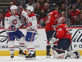 Canadiens' Nick Suzuki (14) celebrates his goal against the Washington Capitals during the second period at Capital One Arena on Saturday, Nov. 15, 2019, in Washington, D.C.