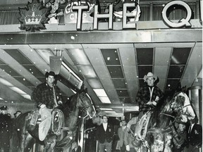 This photo published in the Montreal Gazette Nov. 24, 1969 shows Maurice Giroux, aboard Dick, left, and Jacques Ampleman, on Sonny. They had ridden from a town near Quebec City to the Queen Elizabeth Hotel in downtown Montreal, to participate in the  Grey Cup tradition of riding a horse into a hotel lobby. The 57th Grey Cup was played Nov. 30, 1969, and the Ottawa Rough Riders, predecessors of today's Red Blacks, defeated the Saskatchewan Roughriders 29 to 11 at the Autostade.