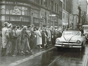 Dec. 5, 1955. Montreal Alouettes parade on Ste-Catherine St. near Union Ave. They lost the Grey Cup to the Edmonton Eskimos on Nov. 26 that year, but thousands lined Ste-Catherine St. to give the football team what the headline in the Montreal Gazette called a "winner's welcome" during a five-mile parade.