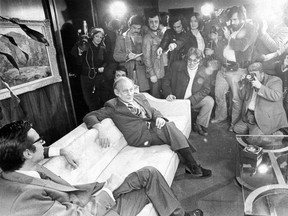 Incoming premier René Lévesque visits defeated premier Robert Bourassa of the Liberals on Nov. 18, 1976, three days after the Parti Québécois won the Nov. 16, 1976 election.