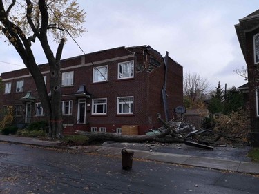 Storm damage Nov. 1, 2019 in Ville St-Pierre. Sarah Chadwick-Giroux photo courtesy of Paula Malolepszy.