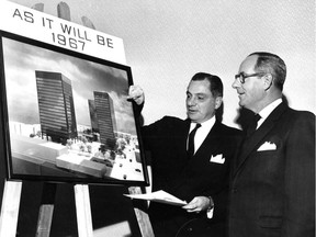 Lloyd N. Whitten, left, president of Westmount Centre Inc., and S.A. Cobbett, vice-president and general manager Montreal Trust Co., review plans for a $20 million high-rise residential and commercial complex in Westmount, the future Westmount Square, at a press conference at the Queen Elizabeth Hotel in downtown Montreal on Nov. 17, 1964.