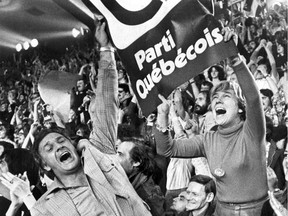Ecstatic Parti Québécois supporters at the Paul Sauvé Arena cheer their party's victory on Nov. 15, 1976.