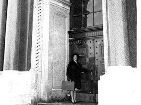 Claire Kirkland-Casgrain in 1962. The original caption, when the photo was published on Feb. 26, 1962, read, "Briefcase in hand, Mrs. Kirkland-Casgrain arrives at Legislature Buildings at the beginning of a 13-hour workday."