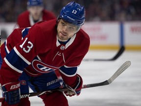 The Canadiens’ Max Domi gets ready to take faceoff during NHL game against the Toronto Maple leafs on Feb. 9, 2019 at the Bell Centre in Montreal.