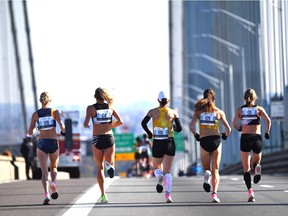 Professional female runners cross the Verrazano Narrow Bridge during the 2017 TCS New York City Marathon in New York on Nov. 3, 2019.