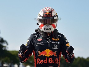 Red Bull's Dutch driver Max Verstappen reacts after taking pole position for the F1 Brazil Grand Prix in the qualifying session at the Interlagos racetrack in Sao Paulo, Brazil, on Saturday, Nov. 16, 2019.