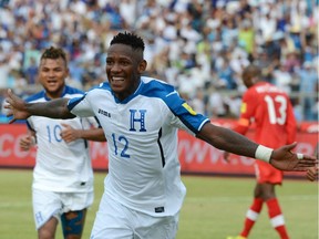 Honduras' Romell Quioto celebrates after scoring against Canada during their 2018 FIFA World Cup qualifiers football match in the Olimpico Metropolitano stadium in San Pedro Sula, Honduras on September 2, 2016.