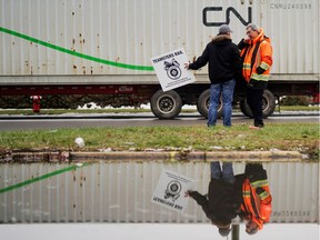 Teamsters Canada union workers picket at the Canadian National Railway at the CN Rail Brampton Intermodal Terminal after both parties failed to resolve contract issues, in Brampton, Ontario, Canada November 19, 2019.  REUTERS/Mark Blinch