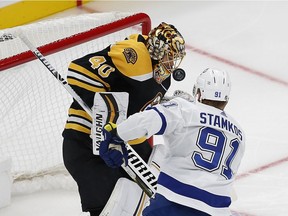 Boston Bruins goalie Tuukka Rask stops a shot by Tampa Bay Lightning's Steven Stamkos during the first period at TD Garden on Oct. 17, 2019