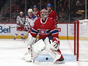 Canadiens goaltender Carey Price reacts as New York Rangers' Filip Chytil (not pictured) scored a goal during the second period at the Bell Centre in Montreal on Saturday, Nov. 23, 2019.