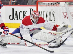 Canadiens goaltender Carey Price makes a save against the Flyers during the second period at Wells Fargo Centre in Philadelphia on Nov. 7, 2019.