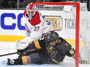 Knights winger and former Canadiens captain Max Pacioretty crashes into Canadiens goaltender Keith Kinkaid during second period at T-Mobile Arena in Las Vegas Thursday night.