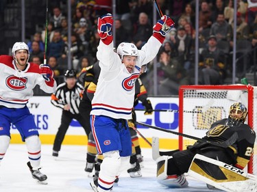 Another good night for Brendan Gallagher, celebrates after scoring a third-period goal against the Vegas Golden Knights at T-Mobile Arena.