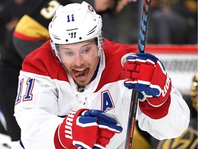 Montreal Canadiens right wing Brendan Gallagher (11) celebrates after scoring a game-tying goal in the final minutes of the third period against the Vegas Golden Knights at T-Mobile Arena. Mandatory Credit: Stephen R. Sylvanie-USA TODAY Sports