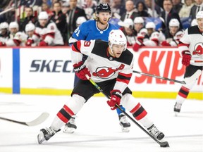 New Jersey Devils forward Taylor Hall  skates into the Winnipeg Jets' zone during the first period at Bell MTS Place in Winnipeg on Nov. 5, 2019.