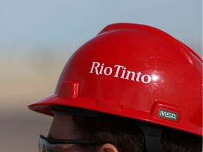 The Rio Tinto logo is displayed on a visitor's helmet at a borates mine in Boron, Calif.