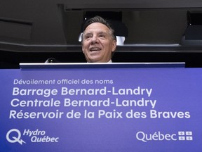 Quebec Premier Francois Legault addresses a ceremony renaming the hydroelectric facilities in the Eastmain-Sarcelle-Rupert complex in memory of former Quebec premier Bernard Landry in Montreal on Monday, November 4, 2019.