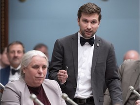 Quebec Solidaire co-spokesperson Gabriel Nadeau Dubois speaks during question period, Tuesday, November 19, 2019 at the legislature in Quebec City. Quebec Solidaire co-spokesperson Manon Masse, left, looks on. "Instead of trying to sustain its growth by moving toward the political centre, where the votes are, the Solidaires have chosen to compete with the PQ on the separatist fringe," Don Macpherson writes.
