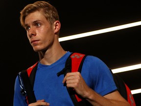 Denis Shapovalov of Canada walks out to play in his match against Gael Monfils of France on Day 5 of the Rolex Paris Masters, part of the ATP World Tour Masters 1000 held at the at AccorHotels Arena on Friday, Nov. 1, 2019, in Paris.