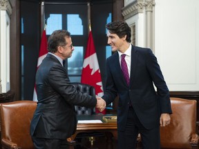 Prime Minister Justin Trudeau meets with Bloc Quebecois leader Yves-Francois Blanchet on Parliament Hill in Ottawa on Wednesday, Nov. 13, 2019.