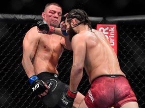 Nate Diaz of the United States fights against Jorge Masvidal of the United States in the Welterweight "BMF" championship bout during UFC 244 at Madison Square Garden on Saturday, Nov. 2, 2019, in New York City.