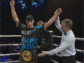 Steven Butler is awarded the IBO international championship belt after stopping Jaime Herrera in the 10th round at the Montreal Casino on March 31, 2018.