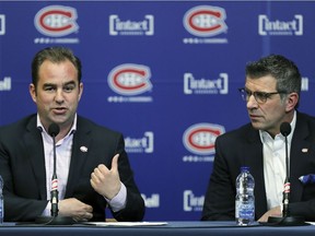 Montreal Canadiens owner and team president Geoff Molson, left, and general manager Marc Bergevin meet the media to discuss their season at the Bell Sports Complex in Brossard on April 9, 2018