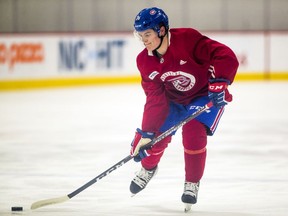 Cole Caufield, the Canadiens' top selection (No. 15 overall) in the 2019 NHL Entry draft, works through a drill during development camp at the Bell Sports Complex in Brossard on June 26, 2019.