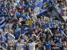Montreal Impact fans cheer during first half of MLS match against New York City FC at Saputo Stadium in Montreal on July 17, 2016.