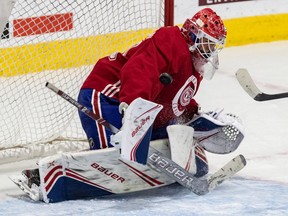 Goaltender Cayden Primeau stops a shot during the Montreal Canadiens' rookie camp at the Bell Sports Complexe in Brossard on Sept. 6, 2019.