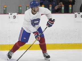 Alex Belzile gets set to pass during Laval Rocket practice on Sept. 25, 2019.