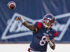 Montreal Alouettes quarterback Vernon Adams Jr. throws a pass during Canadian Football League game against the Calgary Stampeders in Montreal Saturday October 5, 2019.