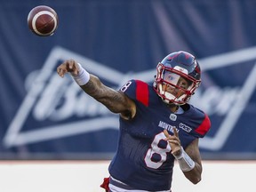 MONTREAL, QUE.: OCTOBER 5, 2019 --  Montreal Alouettes quarterback Vernon Adams Jr. throws a pass during Canadian Football League game against the Calgary Stampeders in Montreal Saturday October 5, 2019. (John Mahoney / MONTREAL GAZETTE) ORG XMIT: 63246 - 8548