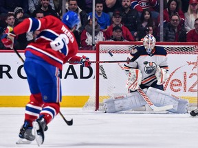 Canadiens defenceman Shea Weber fires shot at Edmonton Oilers goalie Mikko Koskinen at the Bell Centre in Montreal on Feb. 3, 2019.