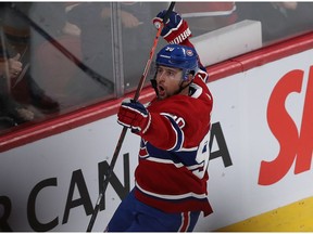 Canadiens' Tomas Tatar celebrates his goal against the Boston Bruins during first period on Nov. 5, 2019.